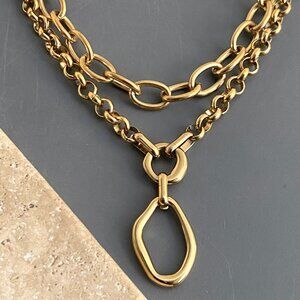 NEW 2 necklaces, 18K gold plated semi chunky steel chain, organic abstract shape